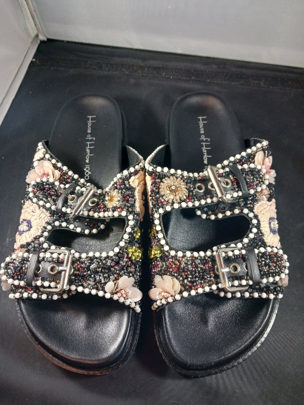House Of Harlow 1960 Beaded Sandals Buckle Slide Boho Pink Floral Black Size 8.5